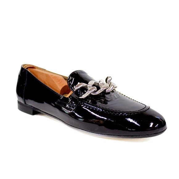 Donald Pliner Balton Apron Toe Black Patent Leather Chain Loafers Women's 10 - Picture 1 of 9